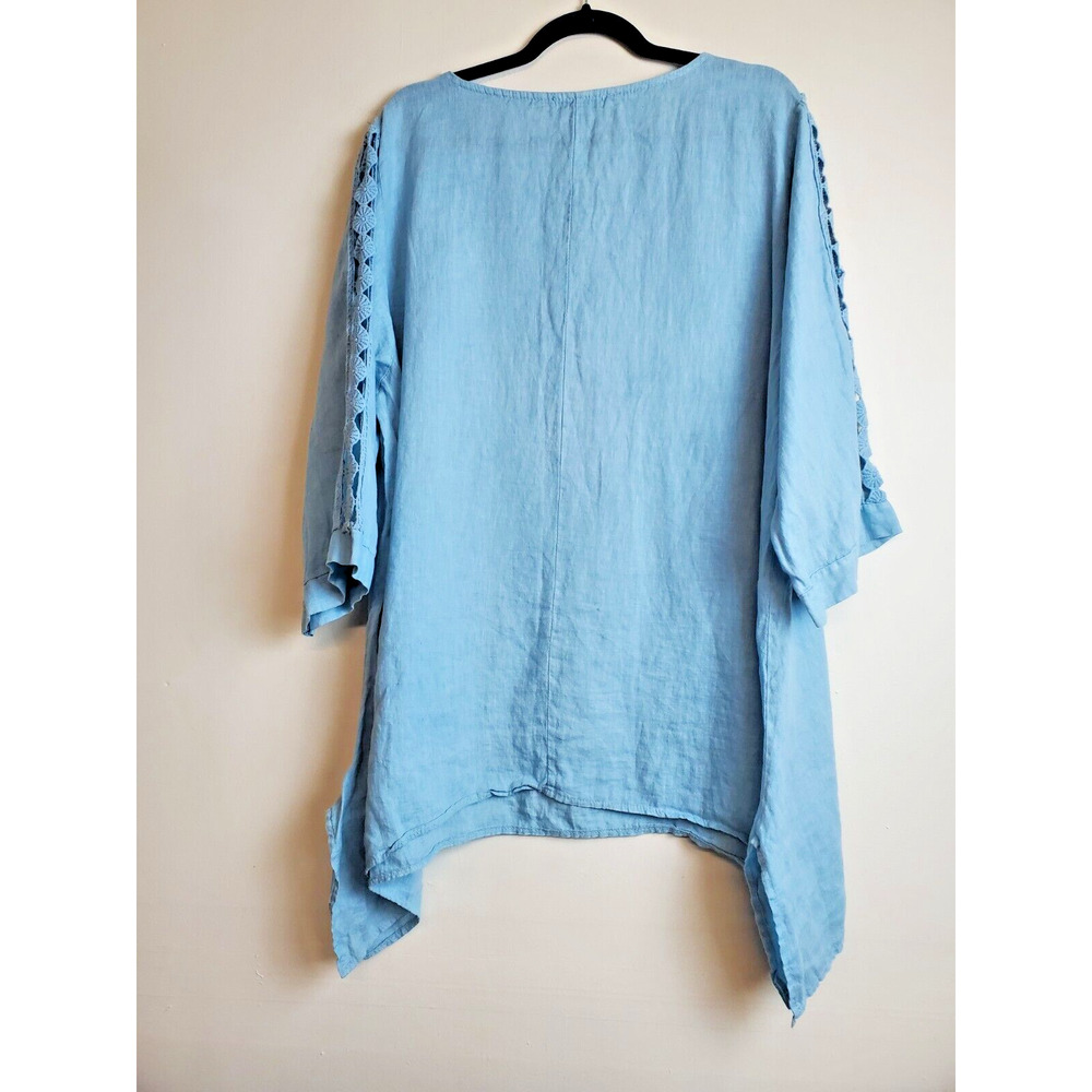 Light Blue Women's Linen Tunic with Crochet Sleeve Detail - Picture 5 of 13